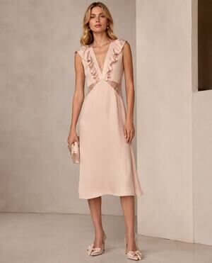 Avec Les Filles Lace Cutout Satin Midi Slip Dress, in Champagne Pink, Large NWT